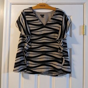 4/$25! ANN TAYLOR Factory Black & Tan V-Neck Short Flutter Sleeve Blouse …